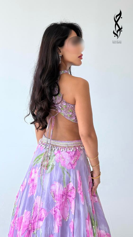 طقم  ساري سهرة  مطرز بالشك اليدوي البنفسجي | جلباب بوتيك