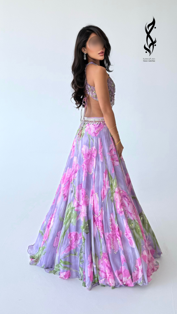 طقم  ساري سهرة  مطرز بالشك اليدوي البنفسجي | جلباب بوتيك