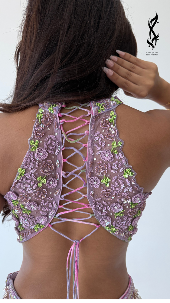 طقم  ساري سهرة  مطرز بالشك اليدوي البنفسجي | جلباب بوتيك