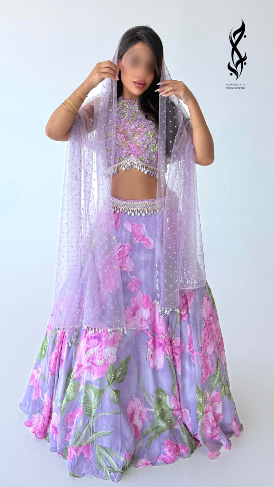 طقم  ساري سهرة  مطرز بالشك اليدوي البنفسجي | جلباب بوتيك