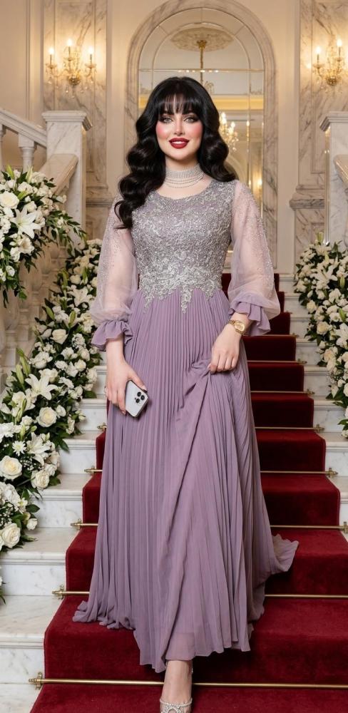 Royal purple evening dress with gold embroidery and a flowing pleated skirt | ڤيلا