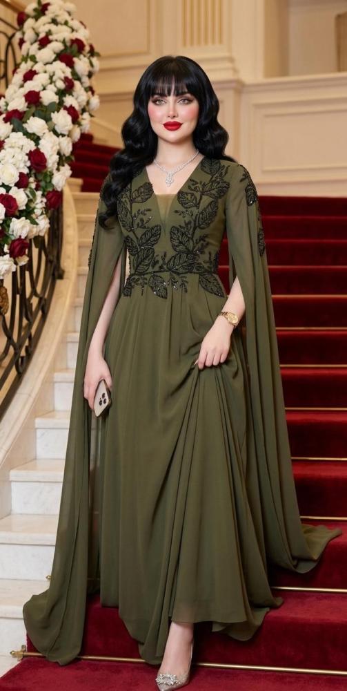 olive green embroidered dress chiffon georgette with long cape – luxurious evening | ڤيلا lace sexy prom dress