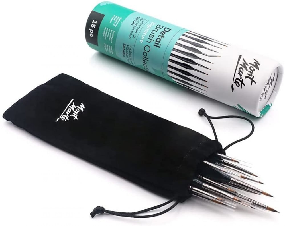 Mont Marte Signature Detail Brush Collection, 15 Piece, Taklon Bristles, Suitable for Acrylic, Oil, Watercolor and Gouache Paints, Includes Storage Bag