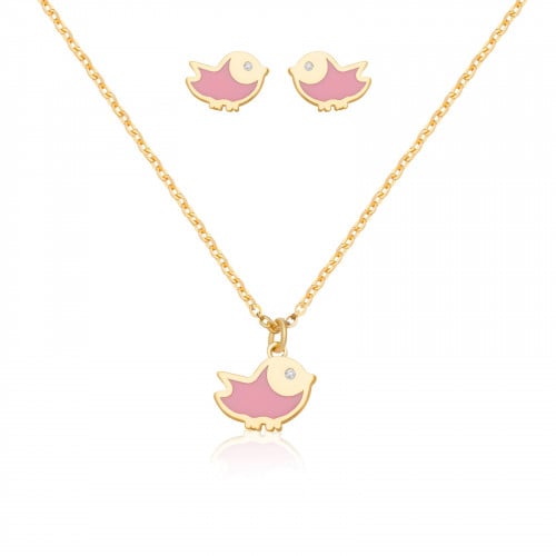 طقم سلسال وأقراط بينك بيرد Pink Bird باللون الذهبي...