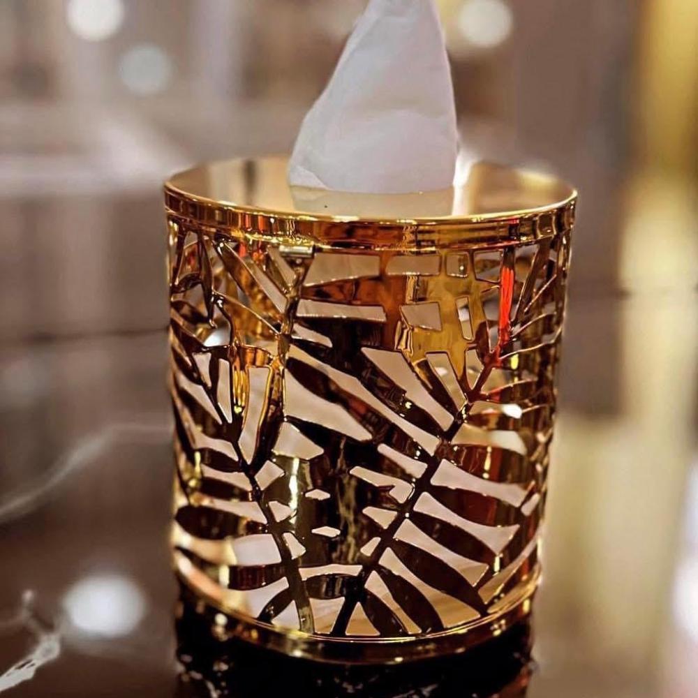 علبة مناديل ذهبية اسطوانية التصميم - ارتفاع 13 (متوفر 3 موديلات)