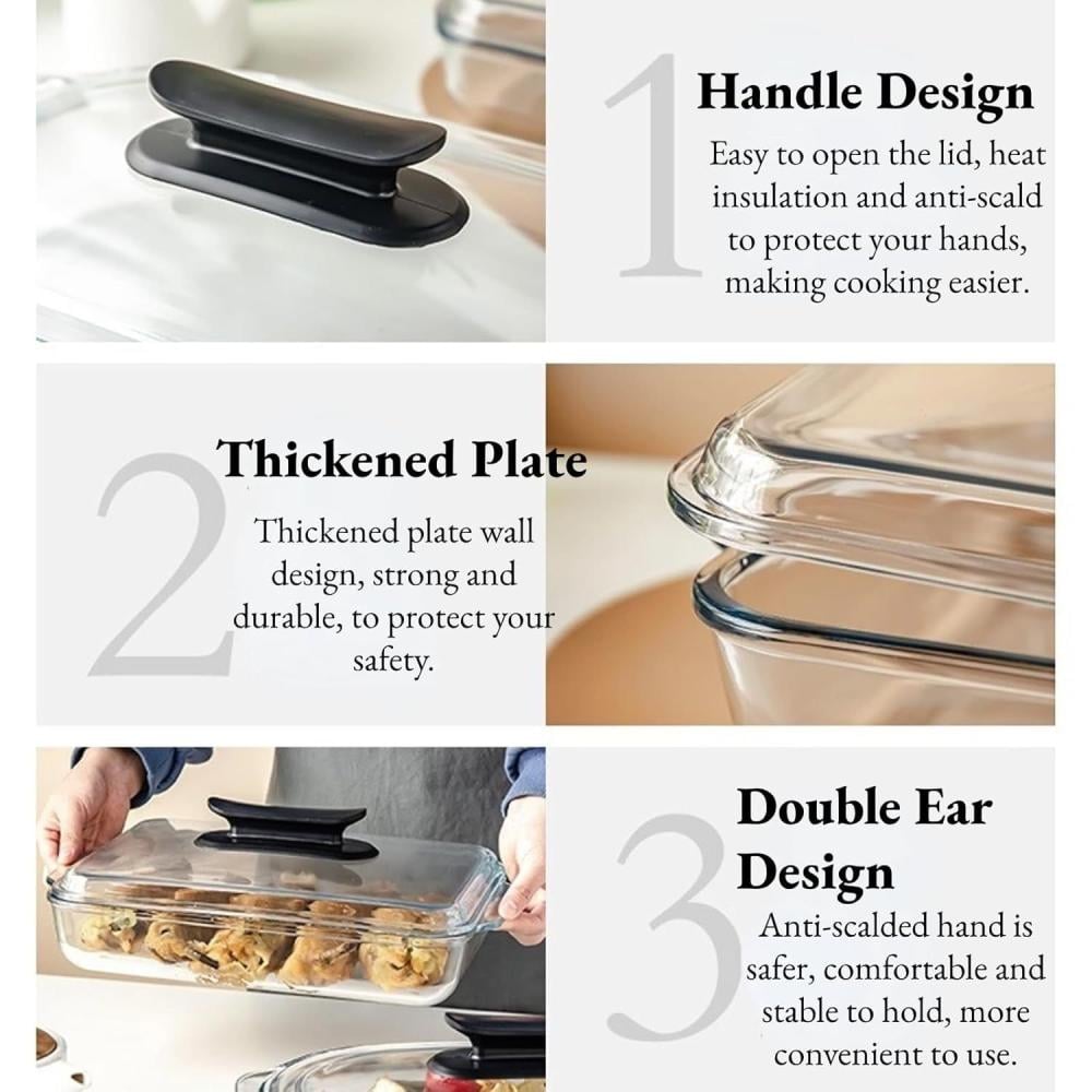صينية فرن مستطيل زجاج بايركس بغطاء زجاج مع مقبض | متوفر 3 احجام