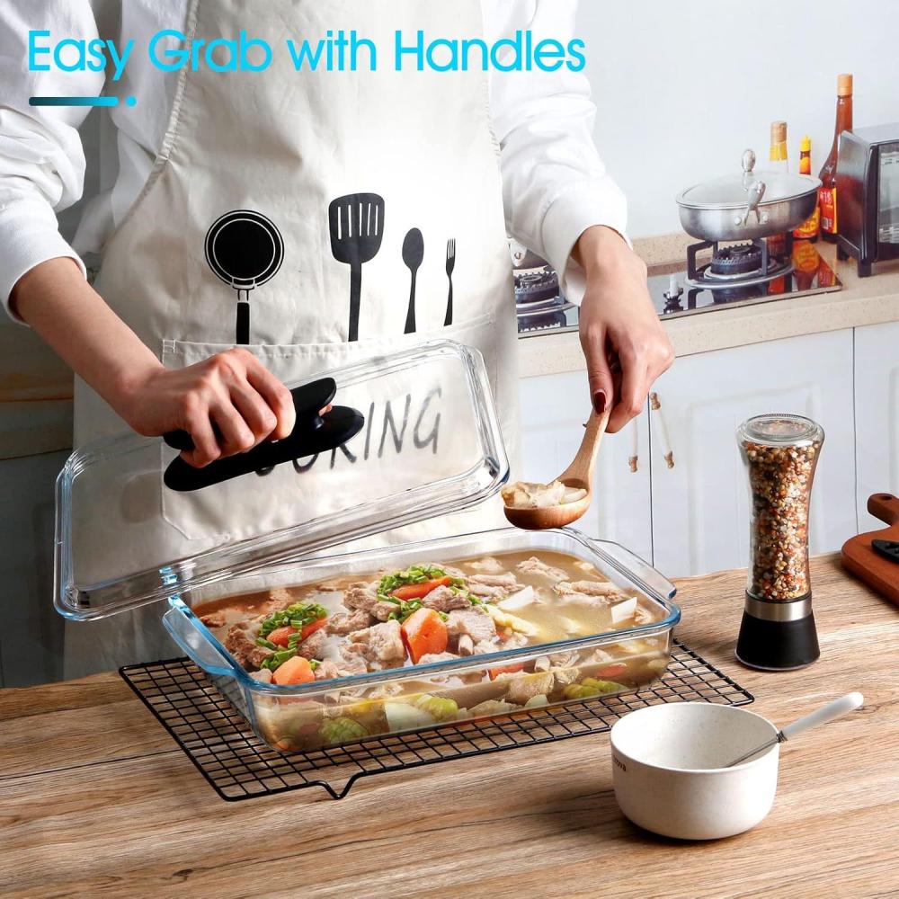 صينية فرن مستطيل زجاج بايركس بغطاء زجاج مع مقبض | متوفر 3 احجام