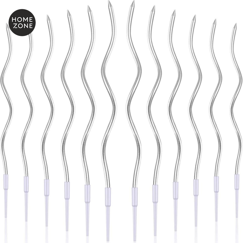 12 قطعة من شموع عيد الميلاد الملتوية حلزونية معدنية وطويلة ورفيعة ملفوفة مع حوامل (فضي)