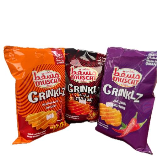 مسقط بطاطس كرينكل متنوعة ( حار نار - فلفل حار  - صلصة حارة ) كيس 65G