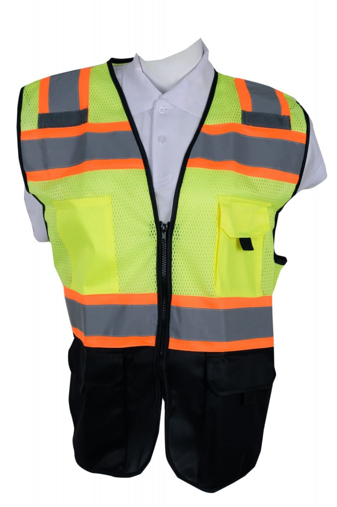 Professional Safety Vest designed with a pocket and a zipper in two colors,  phosphorescent and black, with an orange reflective tape, of high quality