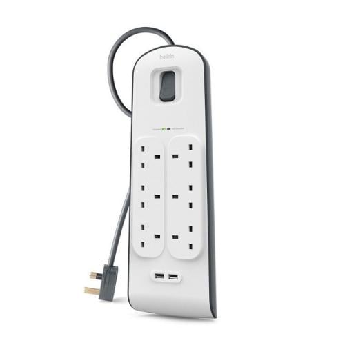 توصيلة كهرباء belkin بلكن 6 فتحات + منفذين USB بطول 2 متر