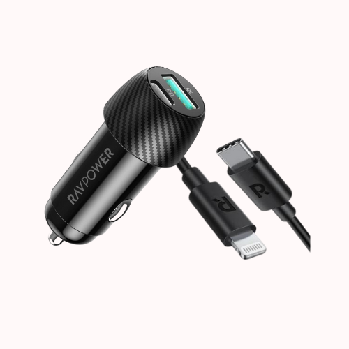 بكج راف باور شاحن سيارة  49 واط بمنفذ USB-C ومنفذ USB-A  مع كيبل ايفون - اسود