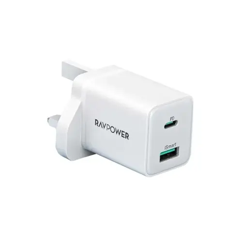 شاحن جداري راف باور بايونير 20 واط | منفذين (Type-C / USB) شحن سريع - أبيض