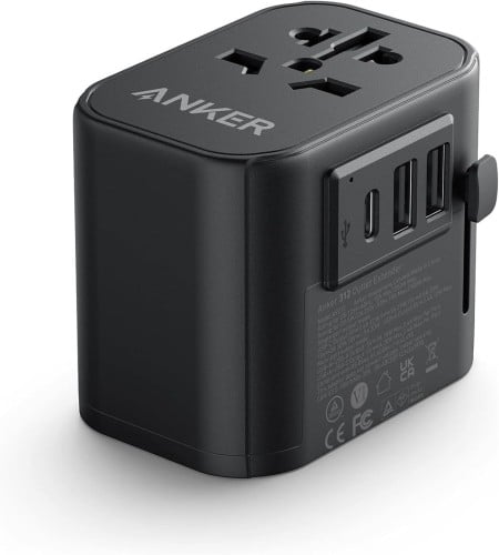 انكر شاحن حائط بقدرة 30 واط مع فيش دولي ، منفذ USB-C ومنفذين USB-A، قابس حائط، موسع 312 منفذ من باور اكستند، اسود