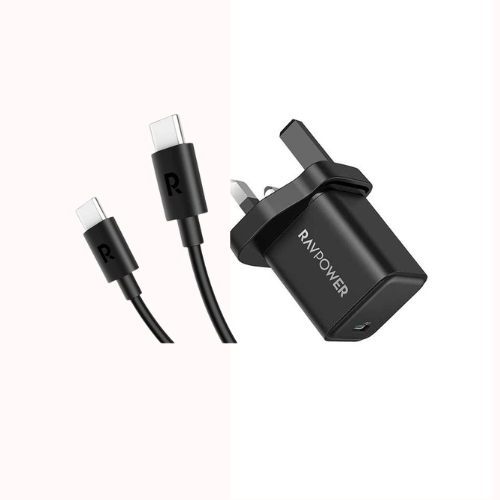 بكج راف باور شاحن جداري بقوة 20 واط منفذ بي دي مع كيبل تايب سي - اسود