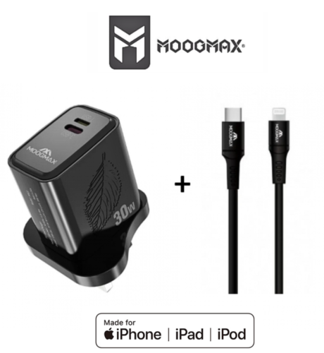 MOOGMAX - شاحن جداري ذكي 30W منفذ PD و أيفون لون اسود