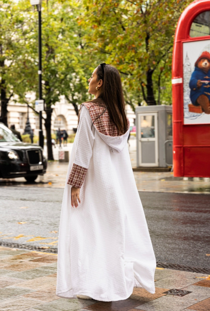 Chanel abaya (tweed) off white and red with hoodie LW05 - Anwar Abaya