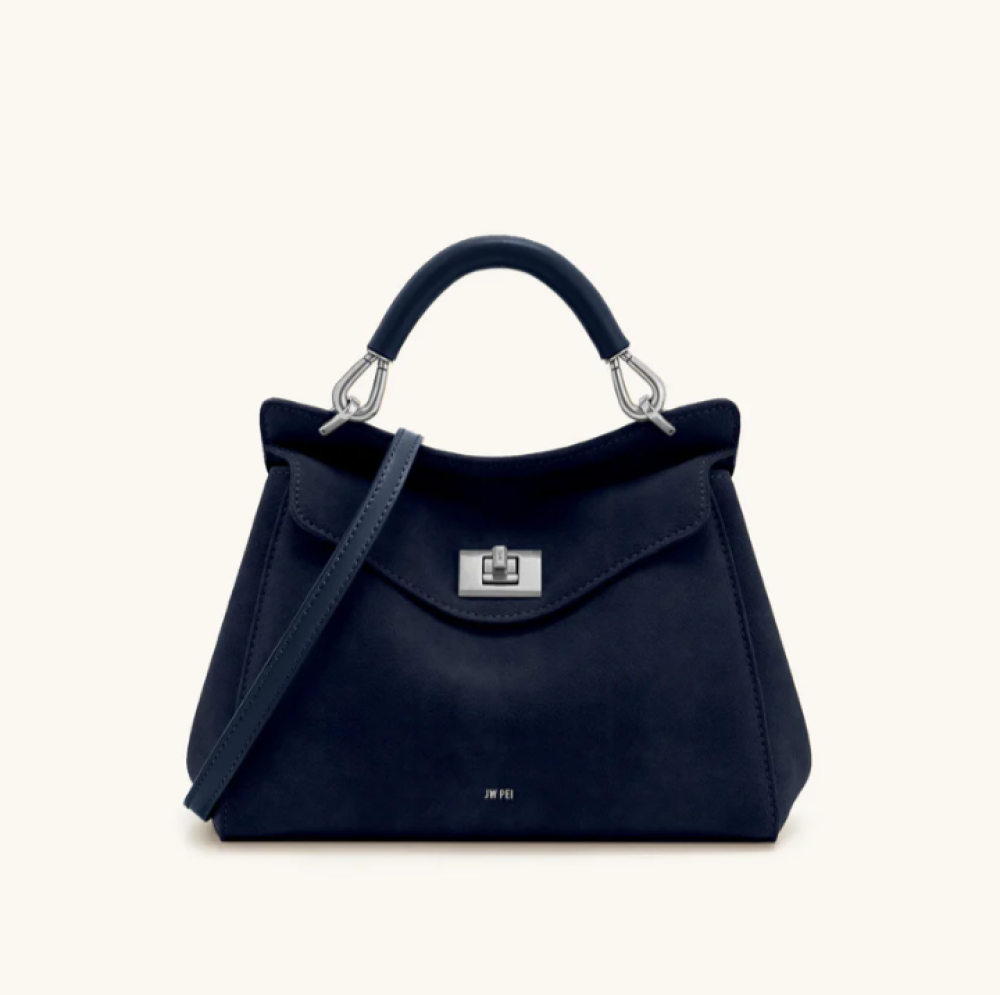 Lucia Classic Faux Suede Top Handle Bag - Navy Blue