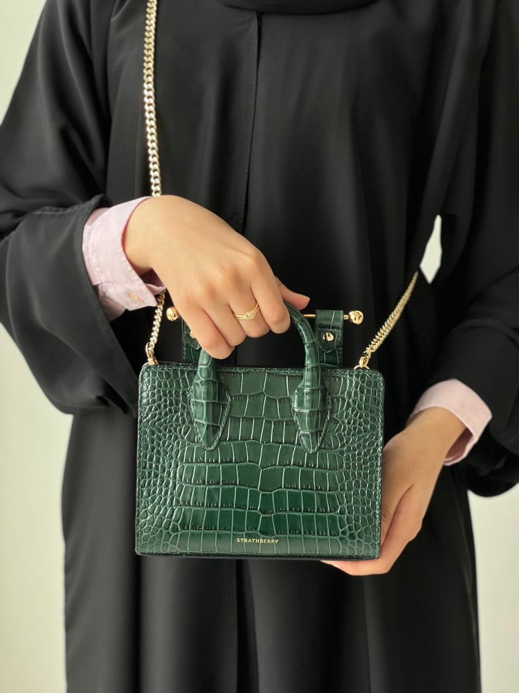 The Strathberry Nano Tote - Croc-Embossed Leather Bottle Green