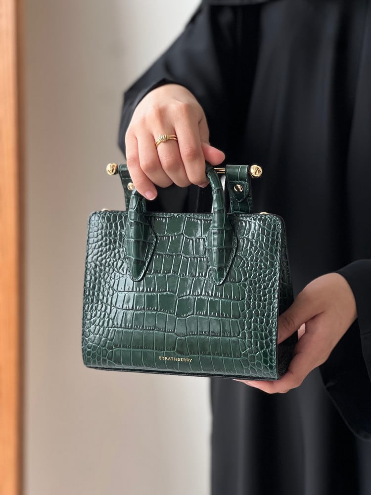 The Strathberry Nano Tote - Croc-Embossed Leather Bottle Green
