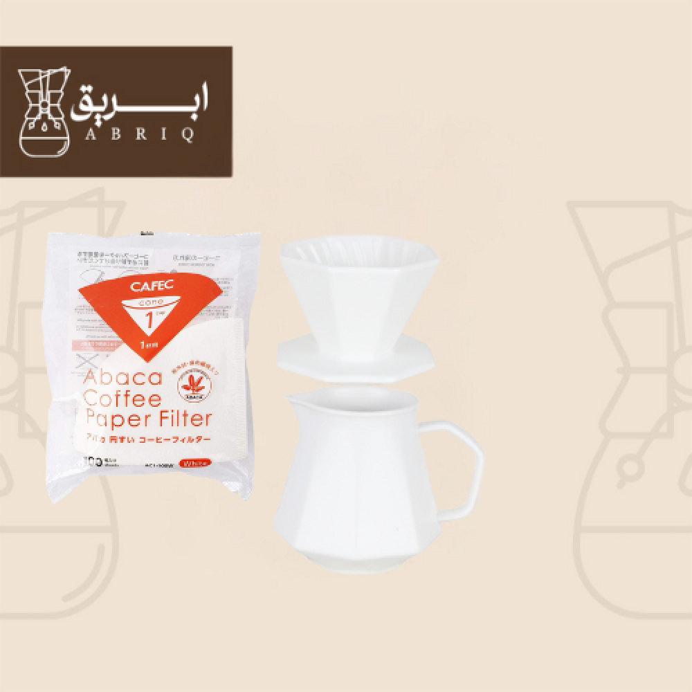 طقم قمع وسيرفر سيراميك أبيض 01 مع فلاتر كافيك Abaca من إبريق