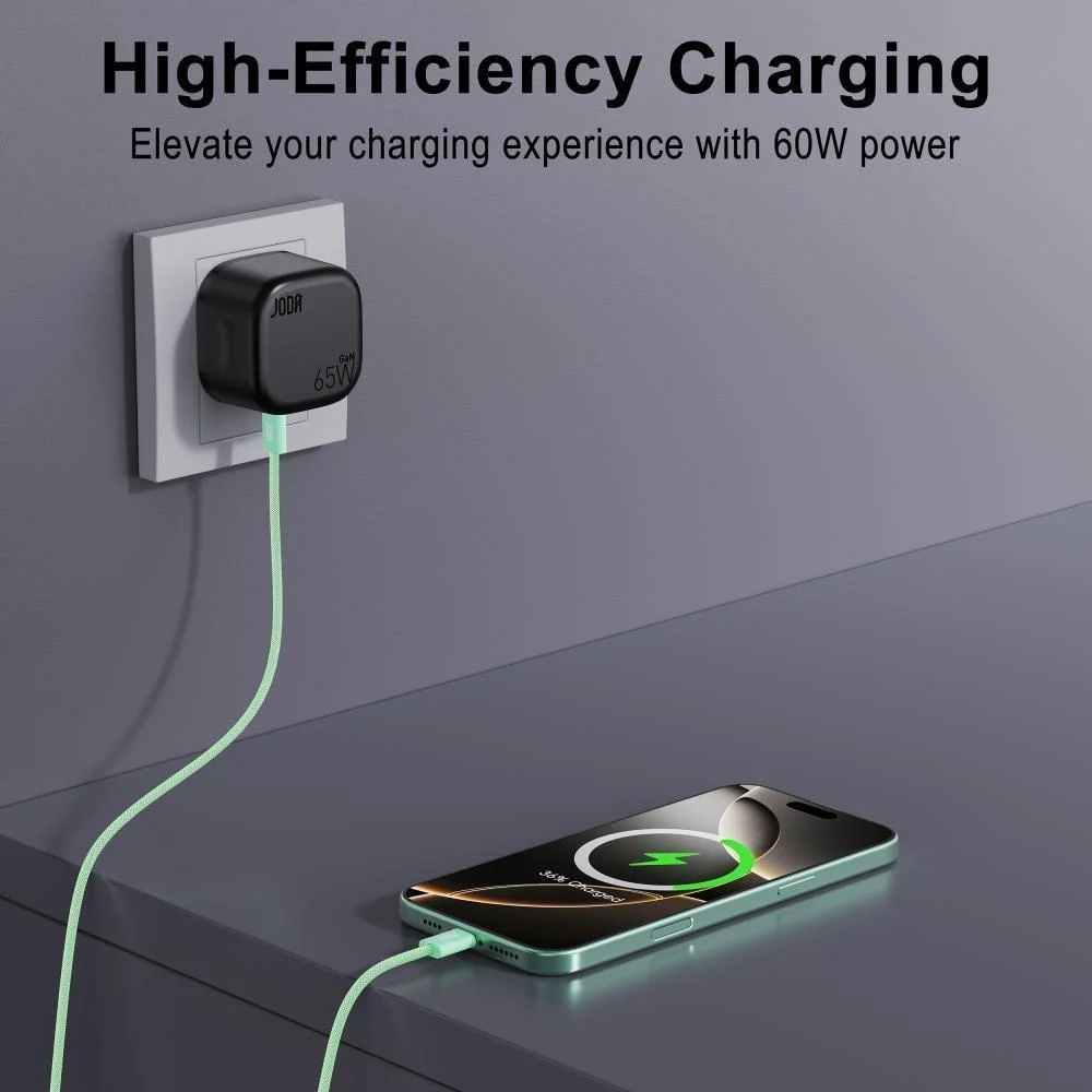 جودا - كيبل شحن نايلون بقوة 60 واط تايب سي الى تايب سي 1 متر - اخضر