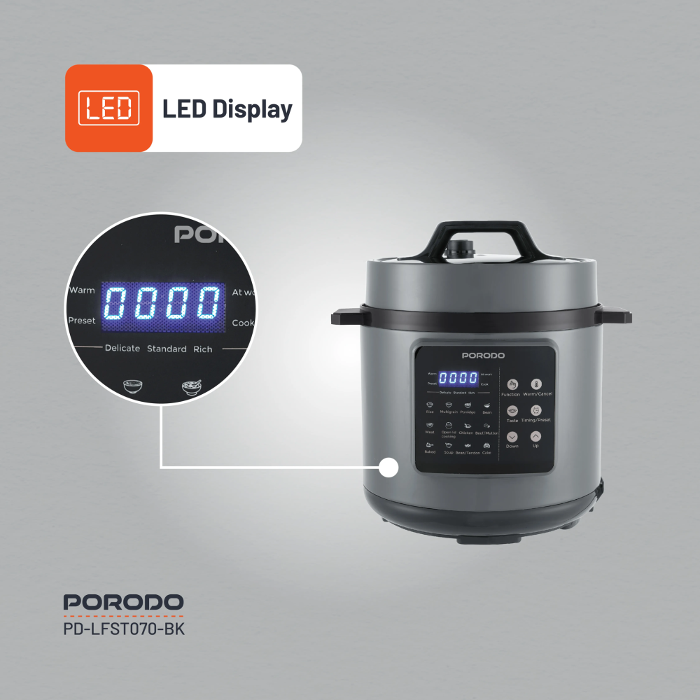 قدر ضغط كهربائي 1300 واط 6 لتر أسود بورودو Porodo Lifestyle Electric Pressure Cooker