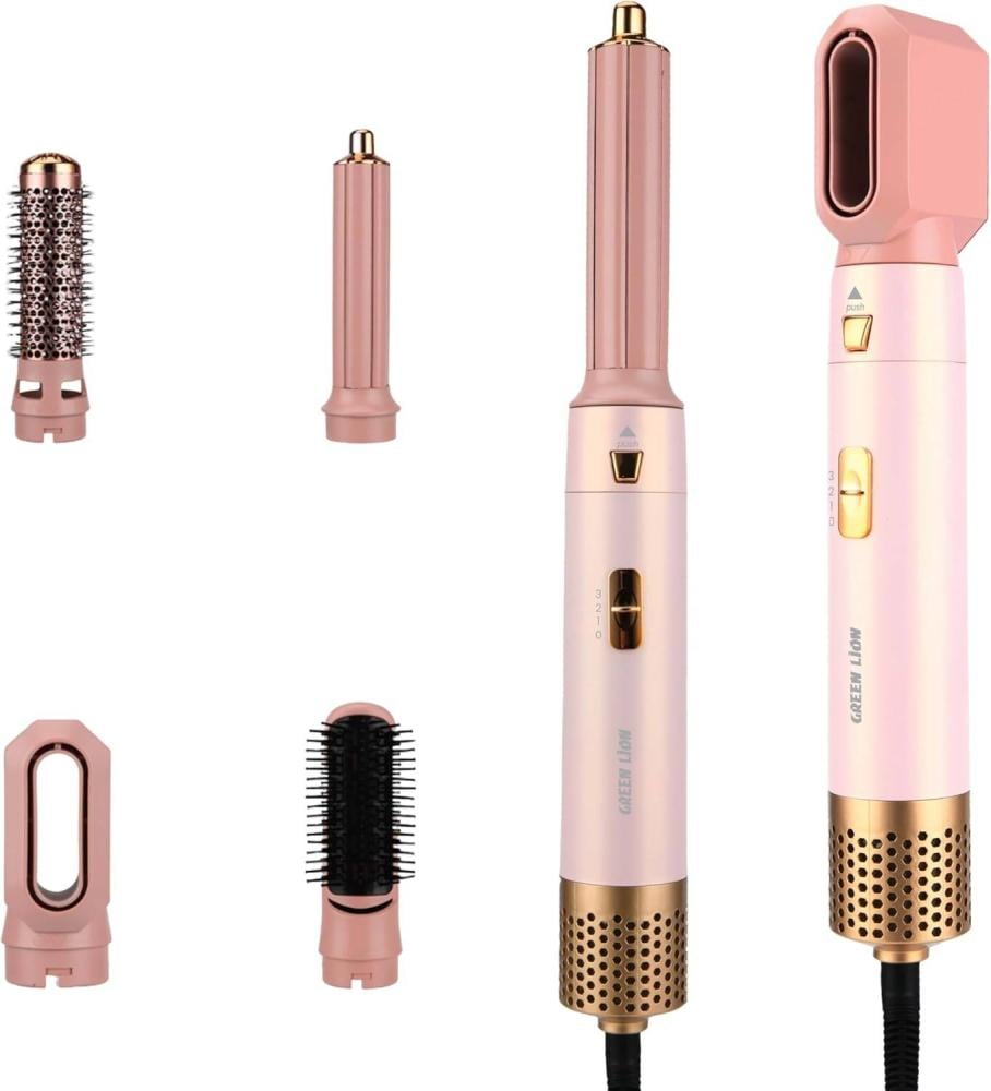 مصفف شعر احترافي 5 في 1 من جرين ليون، 2 فوهة هواء، 3 إعدادات للحرارة (105/80/55 درجة مئوية)، 28000 دورة في الدقيقة، دوران تلقائي، تجفيف وتصفيف الشعر، قفل أمان، طاقة مقدرة 1000 وات، 3 سرعات تعديل - ورد