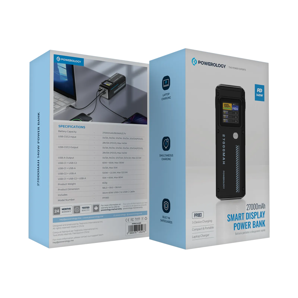 باوربانك احترافي بسعة 27000 مللي يدعم شحن الشحن المتعدد من باورولوجي Powerology 140w Dual Channel Smart Battery Display Power Bank With Colorful Led 27000mah