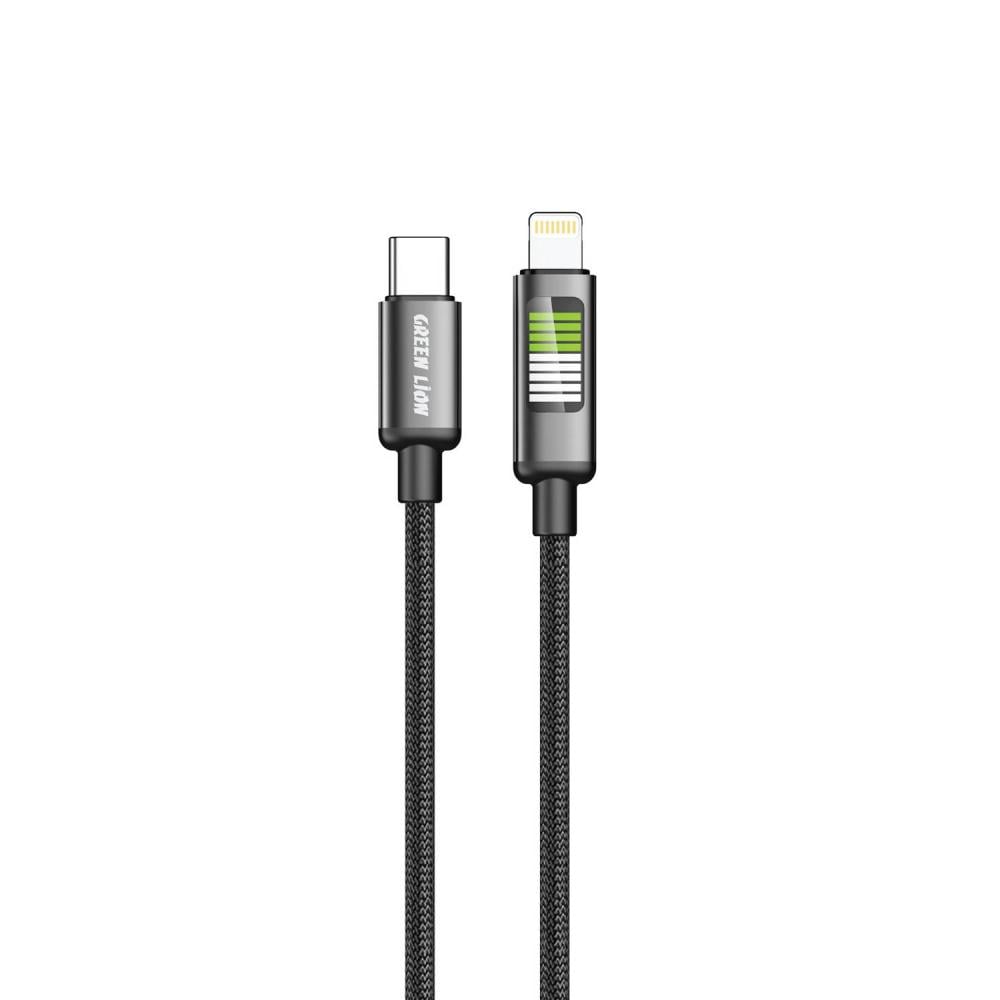 كابل شحن Green Lion USB-C إلى Lightning مزود بمؤشر LED، مصنوع من الألومنيوم ونسيج مضفر، بطول 1 متر، آمن ومضمون، متوافق على نطاق واسع، مؤشر LED - اللون الأسود