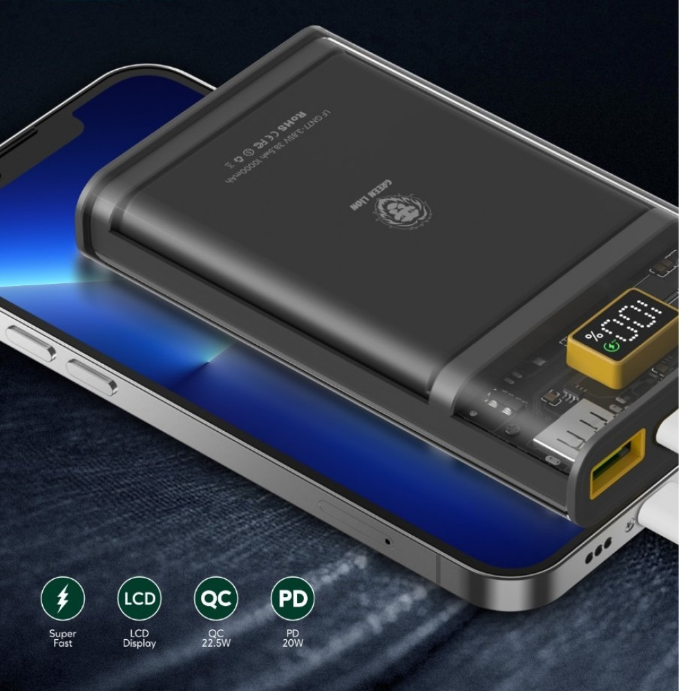 باور بانك Green Lion المتكامل الشفاف 10000 مللي أمبير (QC 22.5W + PD 20W) - أسود