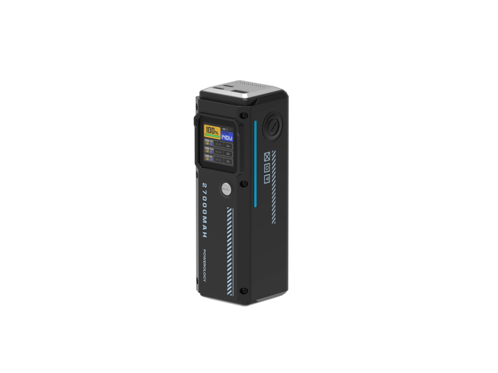 باوربانك احترافي بسعة 27000 مللي يدعم شحن الشحن المتعدد من باورولوجي Powerology 140w Dual Channel Smart Battery Display Power Bank With Colorful Led 27000mah