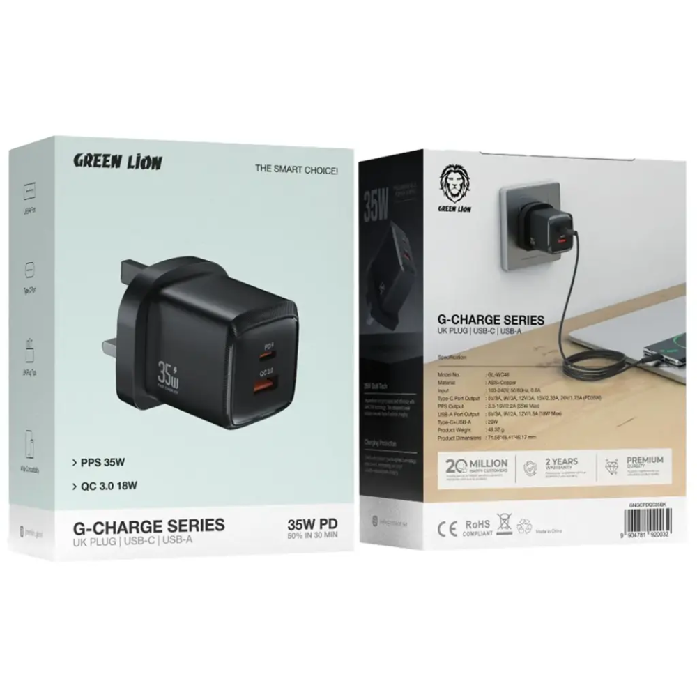 شاحن حائطي مزدوج المنفذ من سلسلة G-Charge من Green Lion بقوة 35 وات بمقبس المملكة المتحدة - أسود
