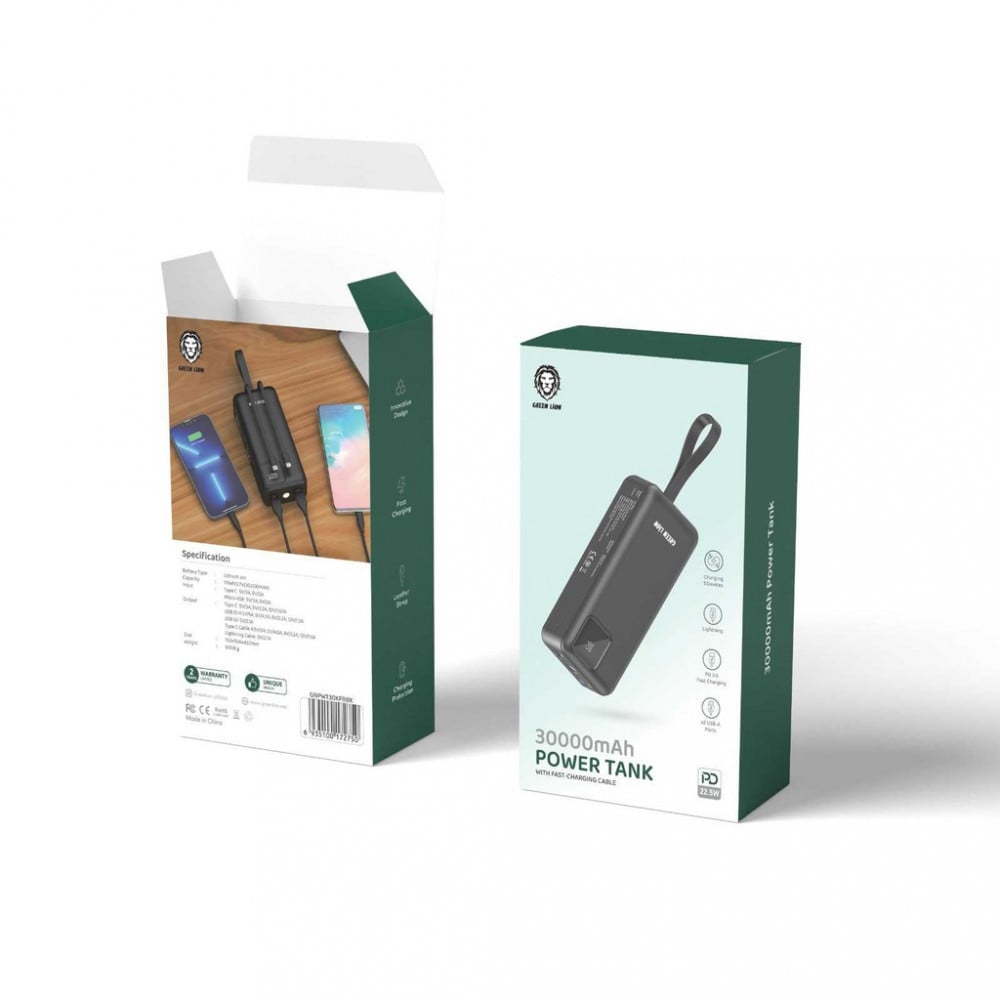 بنك الطاقة قرين لايون مع كابل شحن سريع - أسود Power Tank 30000mAh PD 22.5W
