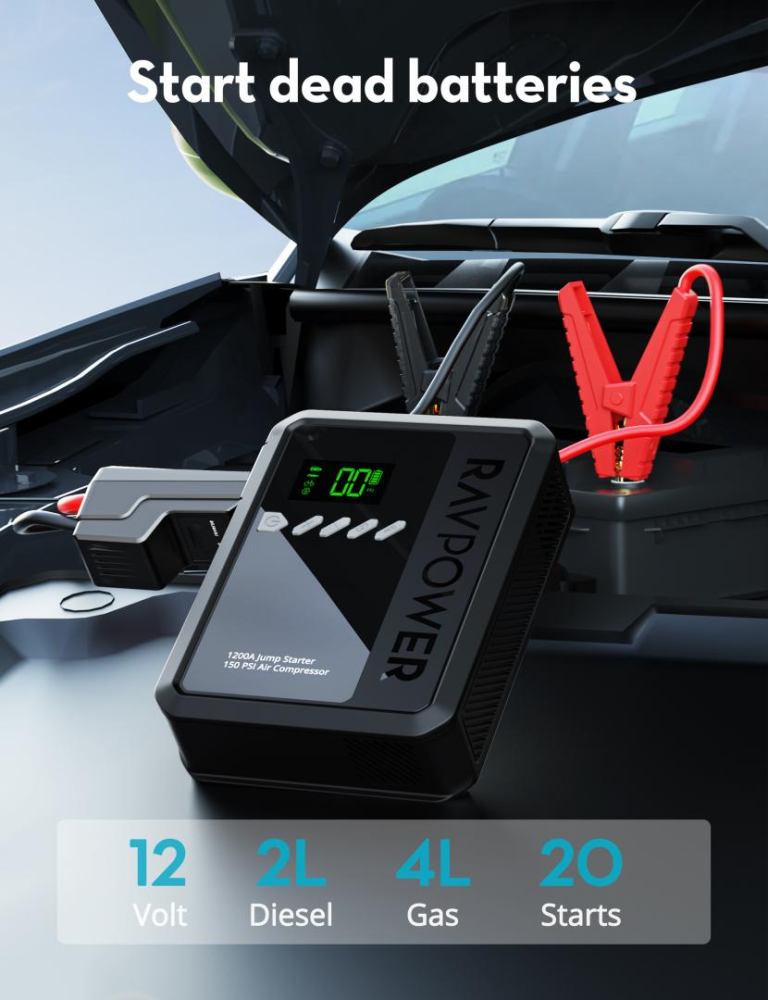 مشغل بطارية السياره راف بور بقوة 8000 ملي امبير + منفاخ - اسود