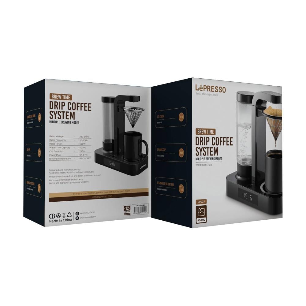 ماكينة صنع القهوة LePresso بسعة 250 مل، وخزان مياه بسعة 500 مل، وقمع من الفولاذ المقاوم للصدأ، وحماية من الحرارة الزائدة، وساعة LED، وإيقاف التشغيل التلقائي، وقوة 600 وات، وخزان مياه قابل للفصل - أسود