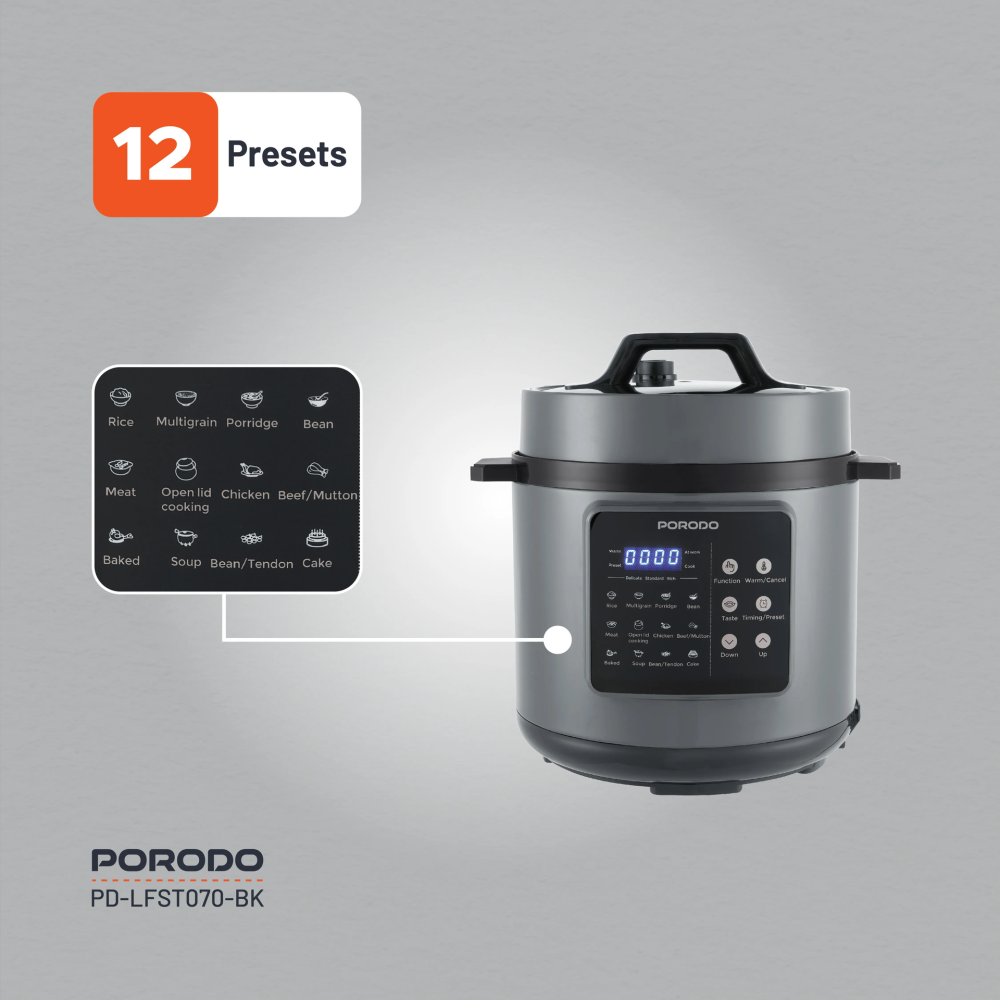 قدر ضغط كهربائي 1300 واط 6 لتر أسود بورودو Porodo Lifestyle Electric Pressure Cooker