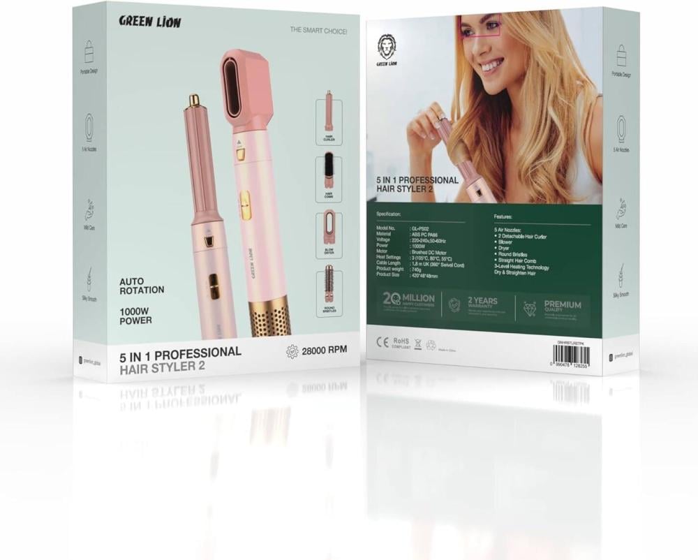 مصفف شعر احترافي 5 في 1 من جرين ليون، 2 فوهة هواء، 3 إعدادات للحرارة (105/80/55 درجة مئوية)، 28000 دورة في الدقيقة، دوران تلقائي، تجفيف وتصفيف الشعر، قفل أمان، طاقة مقدرة 1000 وات، 3 سرعات تعديل - ورد