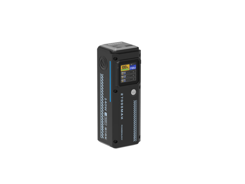 باوربانك احترافي بسعة 27000 مللي يدعم شحن الشحن المتعدد من باورولوجي Powerology 140w Dual Channel Smart Battery Display Power Bank With Colorful Led 27000mah