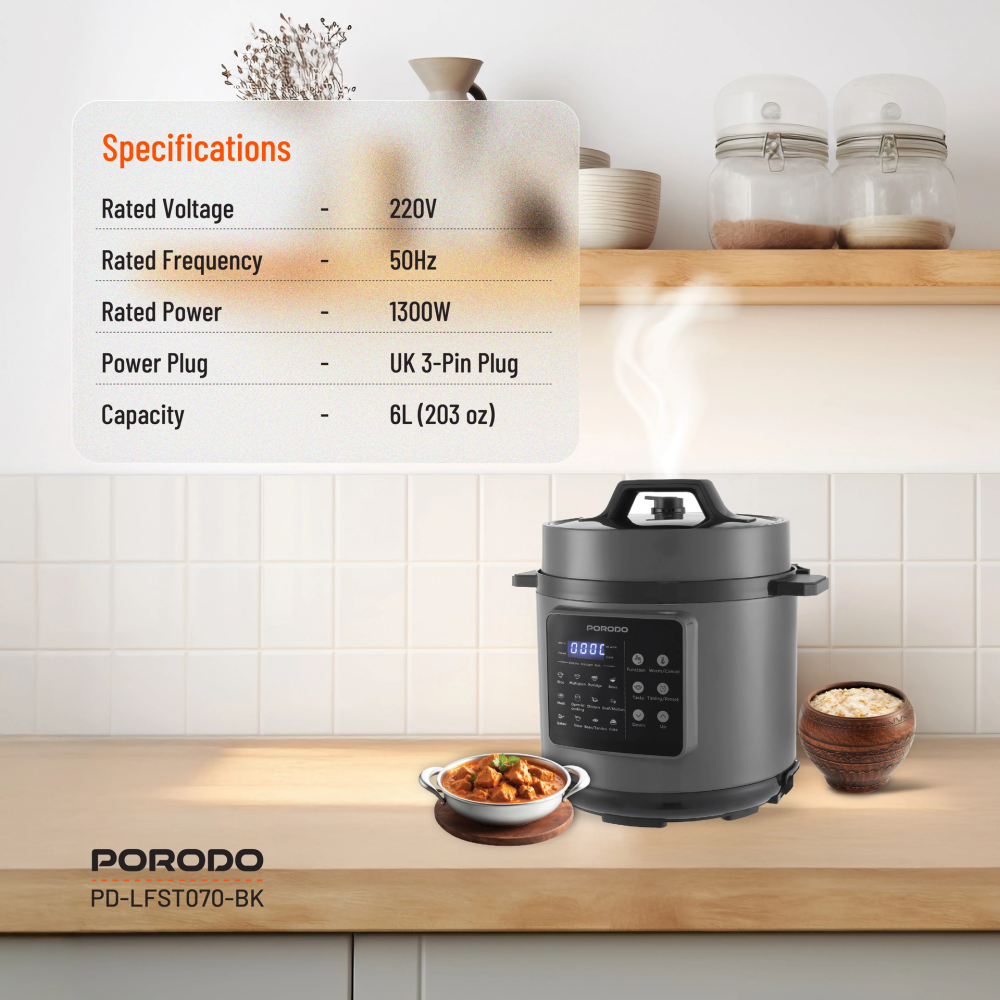 قدر ضغط كهربائي 1300 واط 6 لتر أسود بورودو Porodo Lifestyle Electric Pressure Cooker