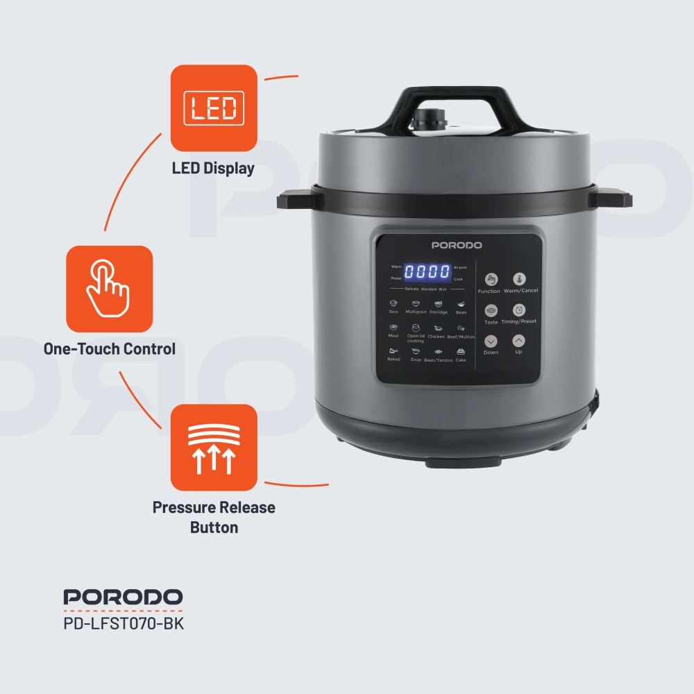 قدر ضغط كهربائي 1300 واط 6 لتر أسود بورودو Porodo Lifestyle Electric Pressure Cooker