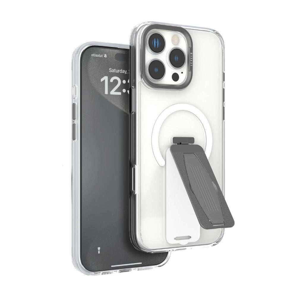 كفر Levelo Morphix MagSafe Grip لهاتف iPhone 16 Pro، زوايا مقاومة للصدمات، حلقة معدنية للكاميرا، حامل متعدد الوظائف من مادة TPU الفاخرة من Bayer، مقبض من السيليكون