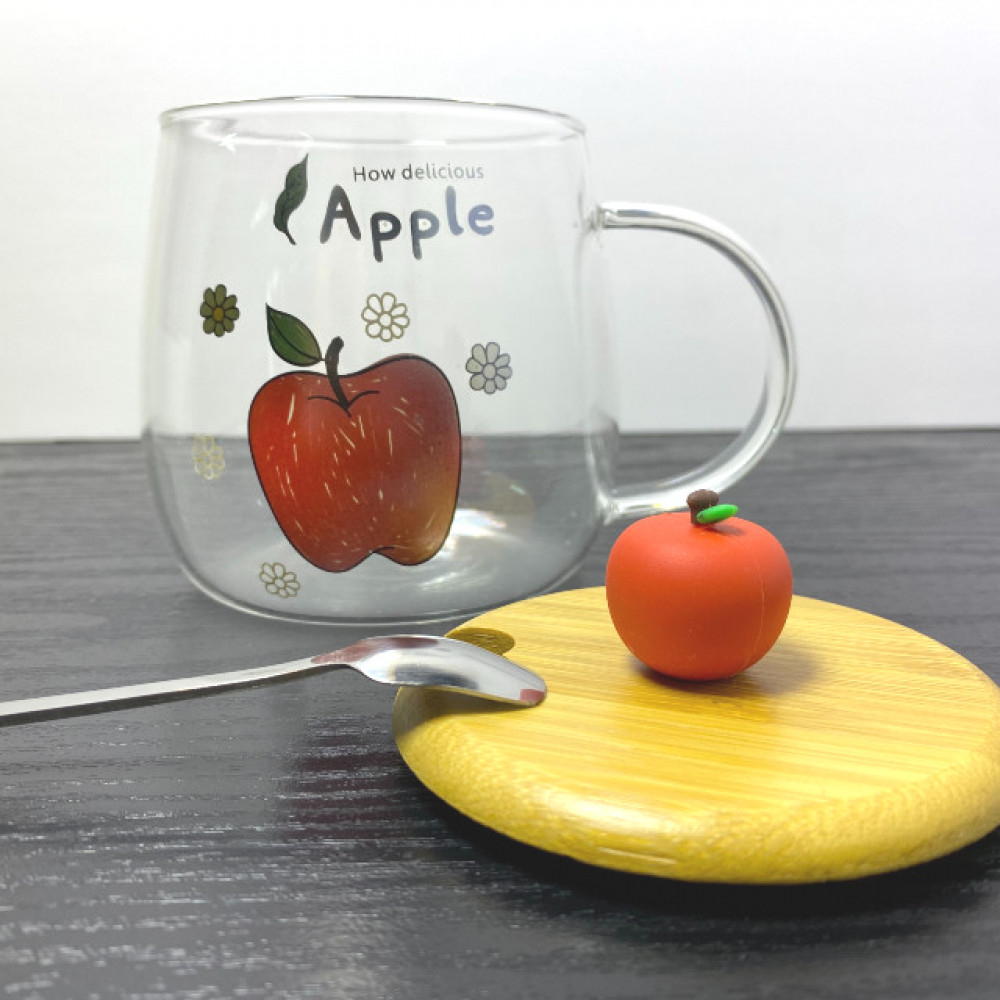كوب ماء زجاجي شفاف برسومات التفاح ثلاثية الأبعاد  كوب للشرب زجاج البور