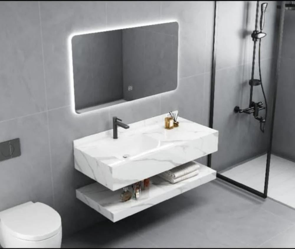 مغسله رخام ابيض مرخم رمادي حوض واحد مقاس 120 مع مرايا ليد