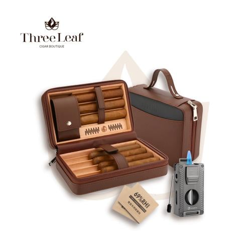 Lihtun Brown Leather Travel Humidor Setمجموعة ترطي...