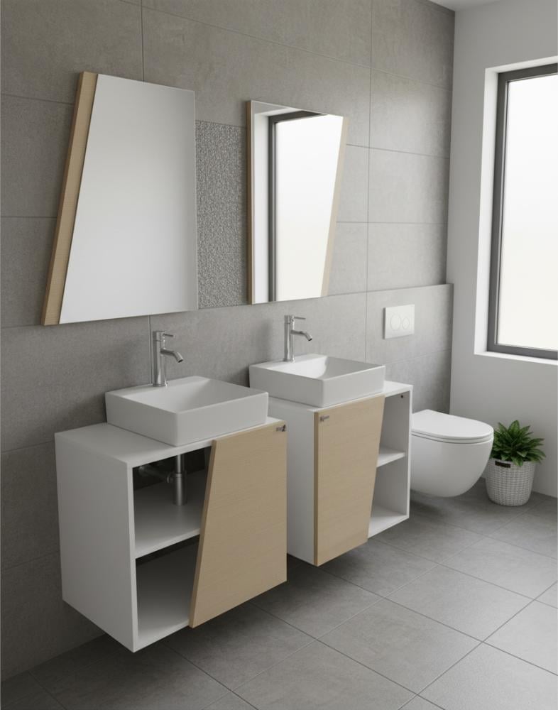 مغسلة خشب حوضين عرض 65سم × عمق 48سم  مع مرآة عصرية