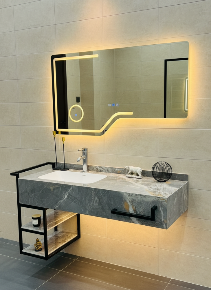 مغسلة بورسلين رصاصي عرض 120سم × عمق 50سم مع مرآة