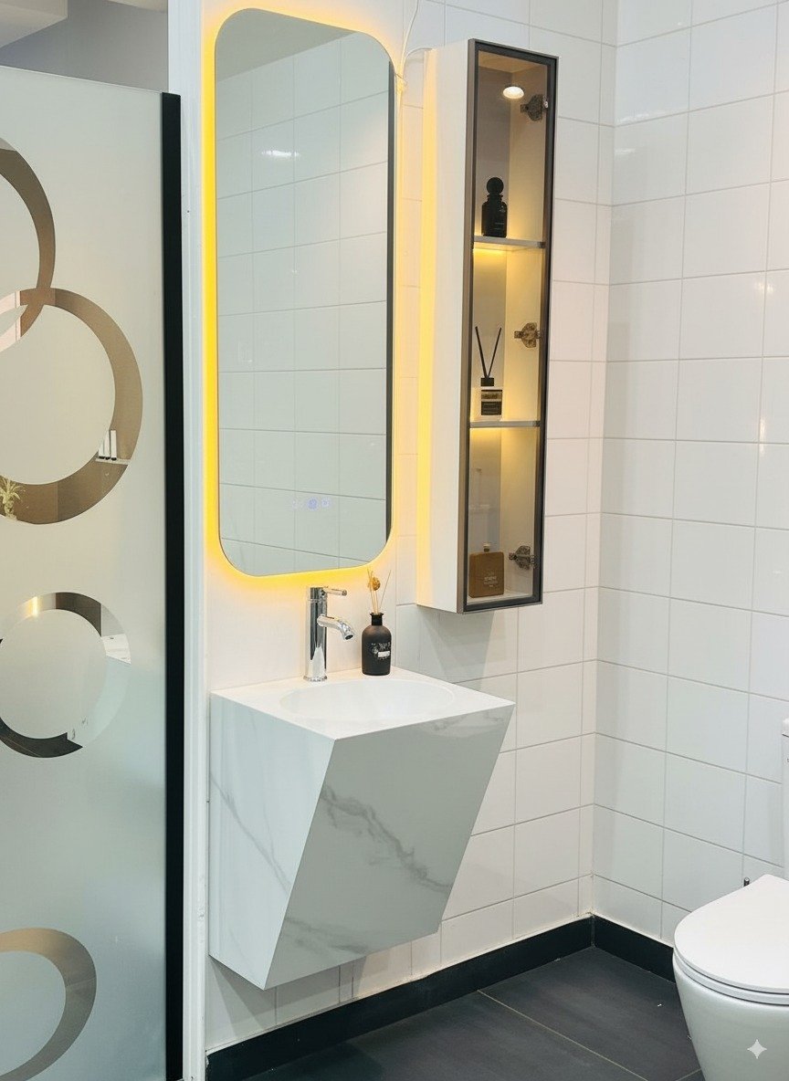 مغسلة بورسلين أبيض عرض 45سم × عمق 50سم مع مرآة ودولاب صغير