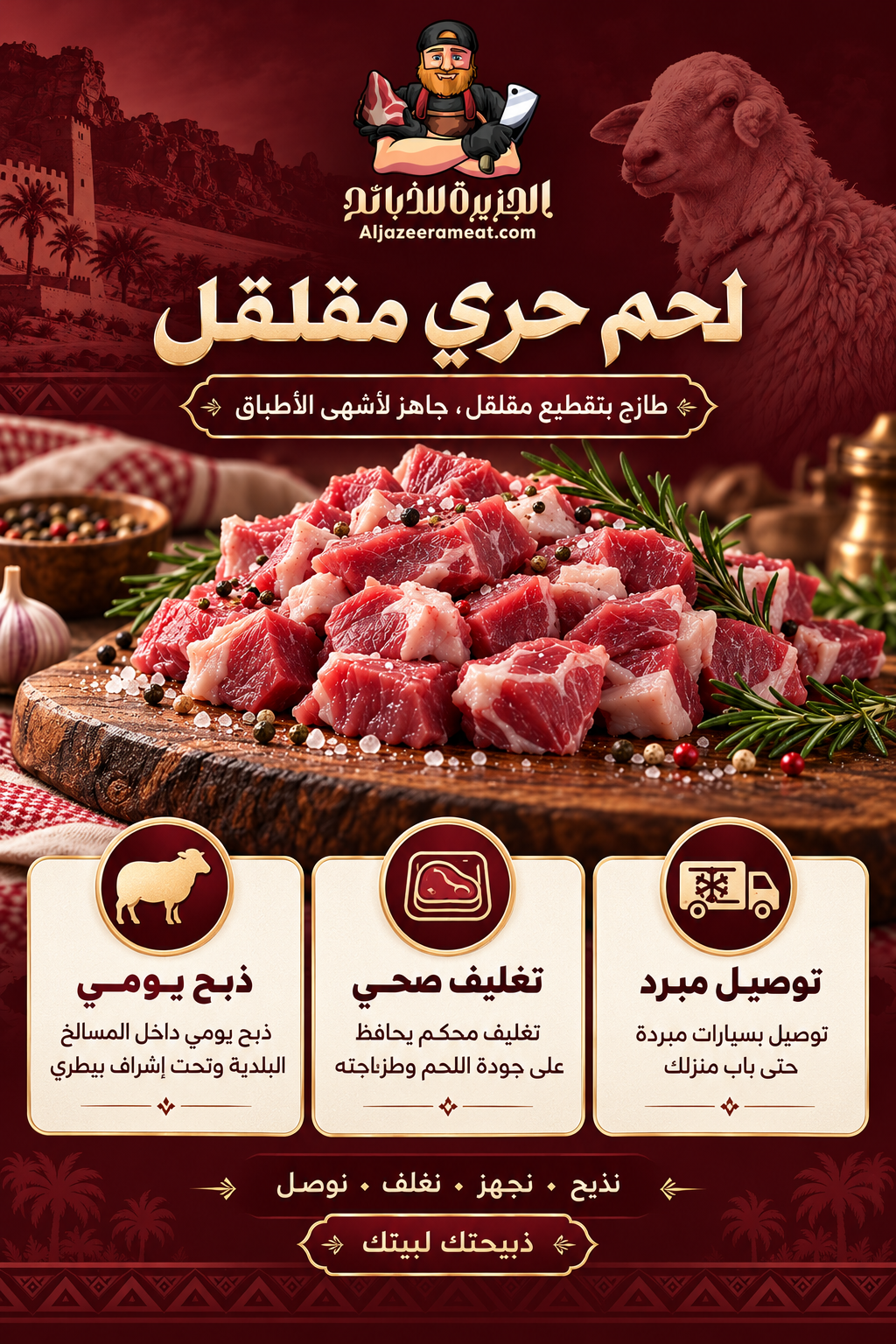ذبح يومي وتغليف صحي وتوصيل مبرد للحم حري مقلقل