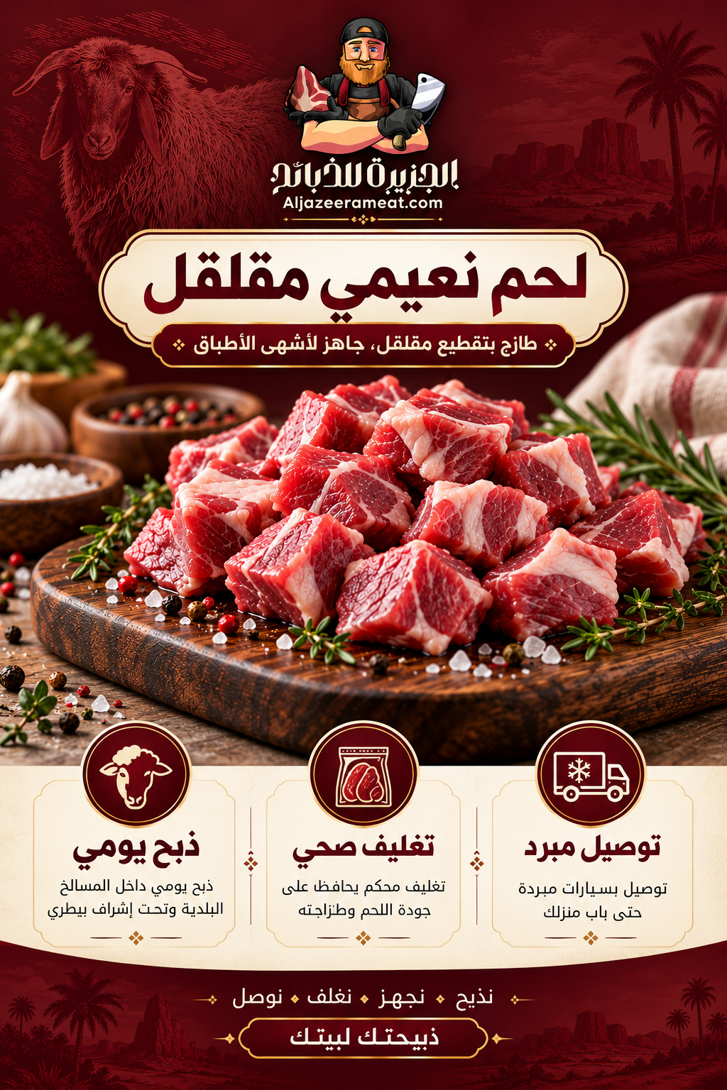 ذبح يومي وتغليف صحي وتوصيل مبرد للحم نعيمي مقلقل